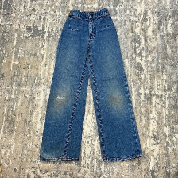 Vintage 1970 Lee Wide Leg Jeans Size 7 Embroidered Back Pockets - Picture 1 of 7